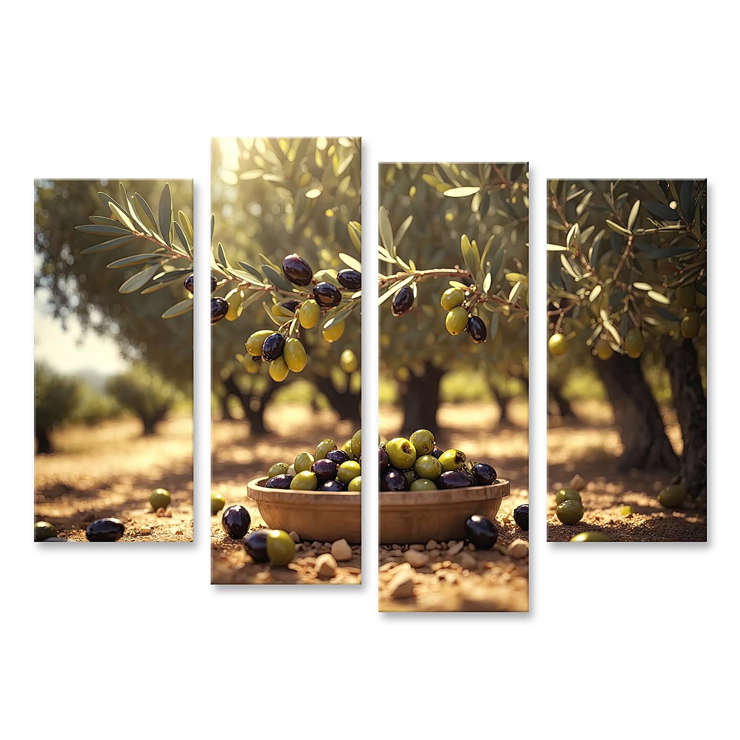 islandburner Mural sobre lienzo, diseño de aceitunas frescas en el olivar para cocina y comedor, 4 piezas