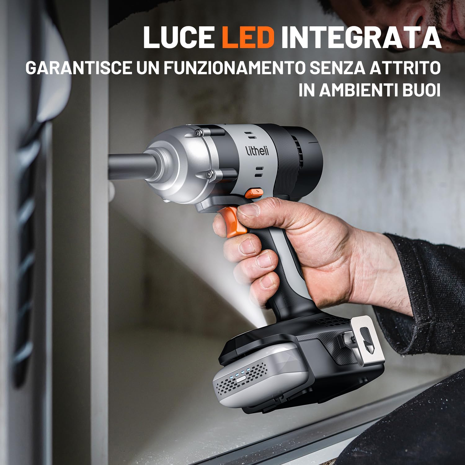 Litheli Avvitatore a impulsi a batteria, 400 Nm con batteria da 2,0 Ah, avvitatore a impulsi da 1/2 pollice con luce LED, velocità variabile per la casa, l'auto, il fai da te e l'arredamento