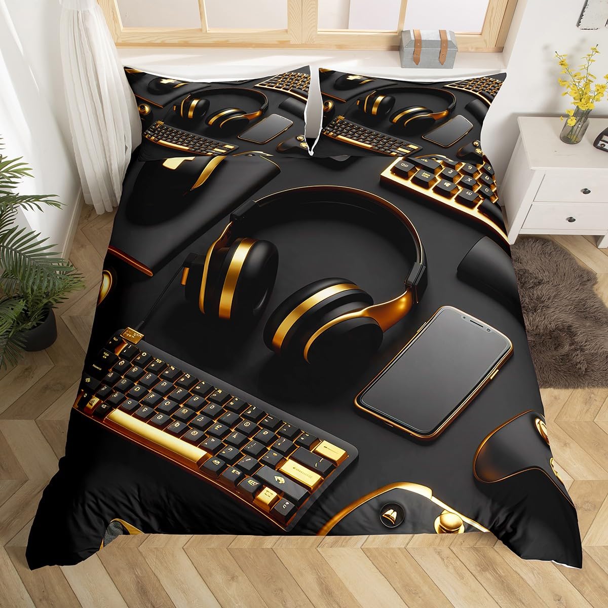 Homewish Gamer Bedding Sets for Boys King Size Gaming Duvet Cover Gold Keyboard Comforter Cover,Teens Young Man Gamepad Bedclothes Game Controller Bedroom Decor Black