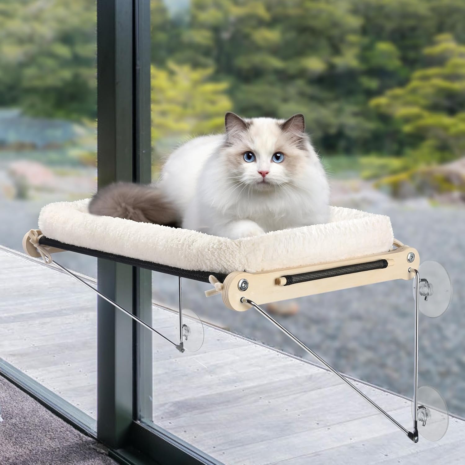 review 2023 Upgrade Dual-Use Cat Window Perch -Metal Supported from Below, Sturdy 4 Suction Cups Cordless Cat Window Hammock with Spacious Pet Bed Pad for Summer & Winnter Sunbathing, Overlooking, Lounging