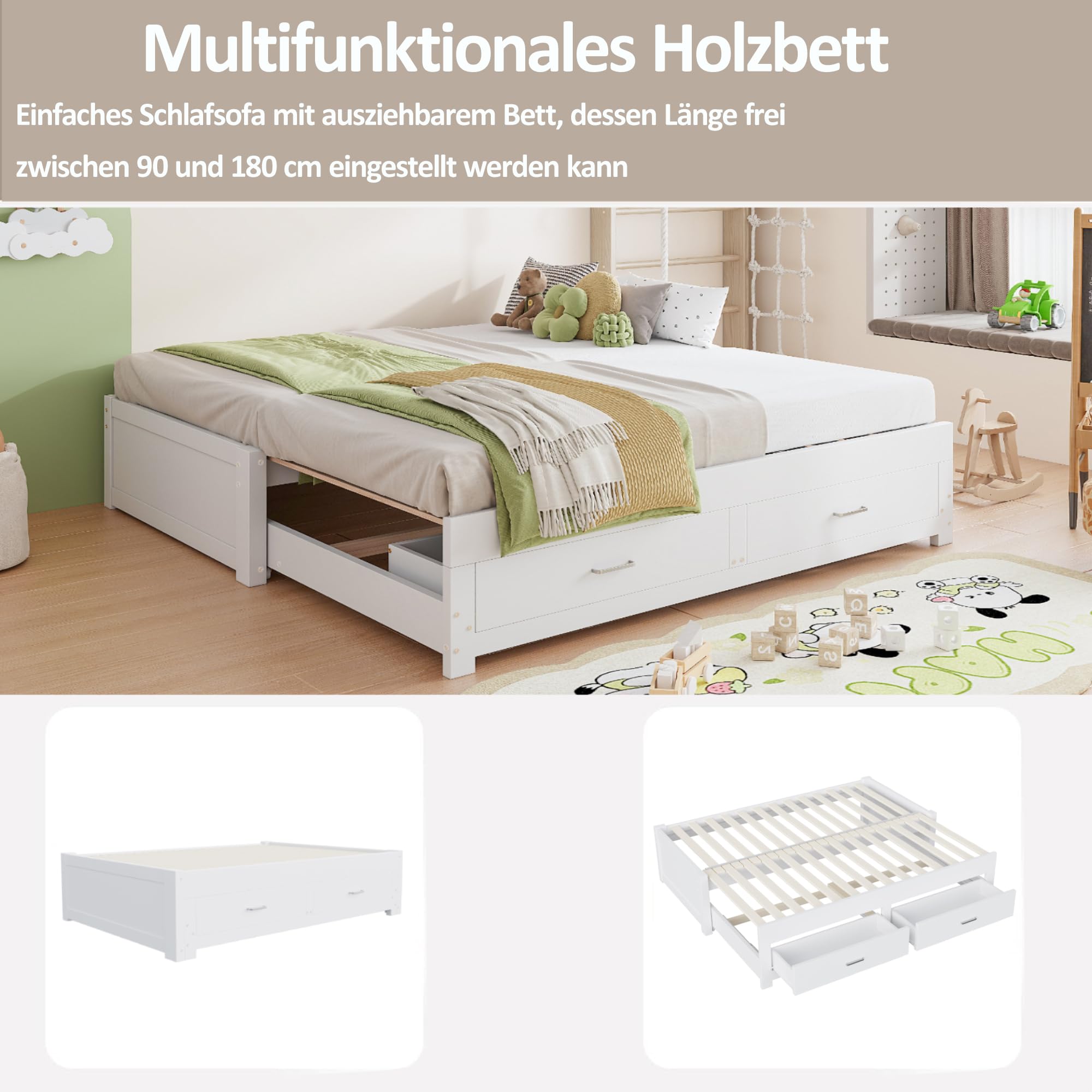 Kebnor Sofá cama extensible de madera, 90/180 x 190 cm, con dos cajones, sin reposabrazos ni respaldo, cama de invitados multifuncional con somier (blanco)