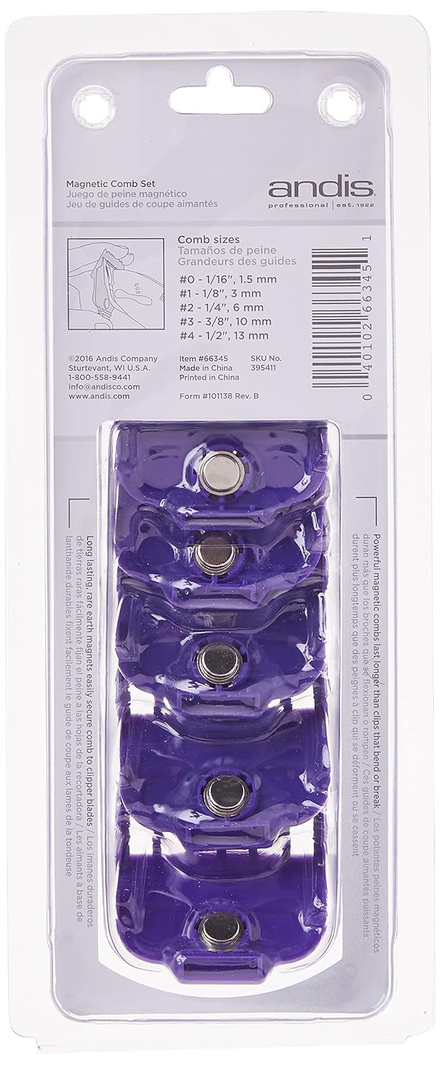 Andis 66345 Nano-Silver Magnetic Attachment 5 Combs with Long-Lasting Performance - Sizes 6", 8", 4", 3/8", 2", Provide Professional Haircuts and Styles – Purple