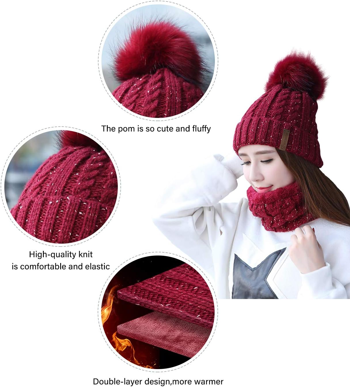 IYEBRAO Womens Winter Knit Beanie Hat and Scarf Set Girls Cute Slouchy Thick Fleece Lined Ski Hat Warm Skull Cap with Pom - Image 3