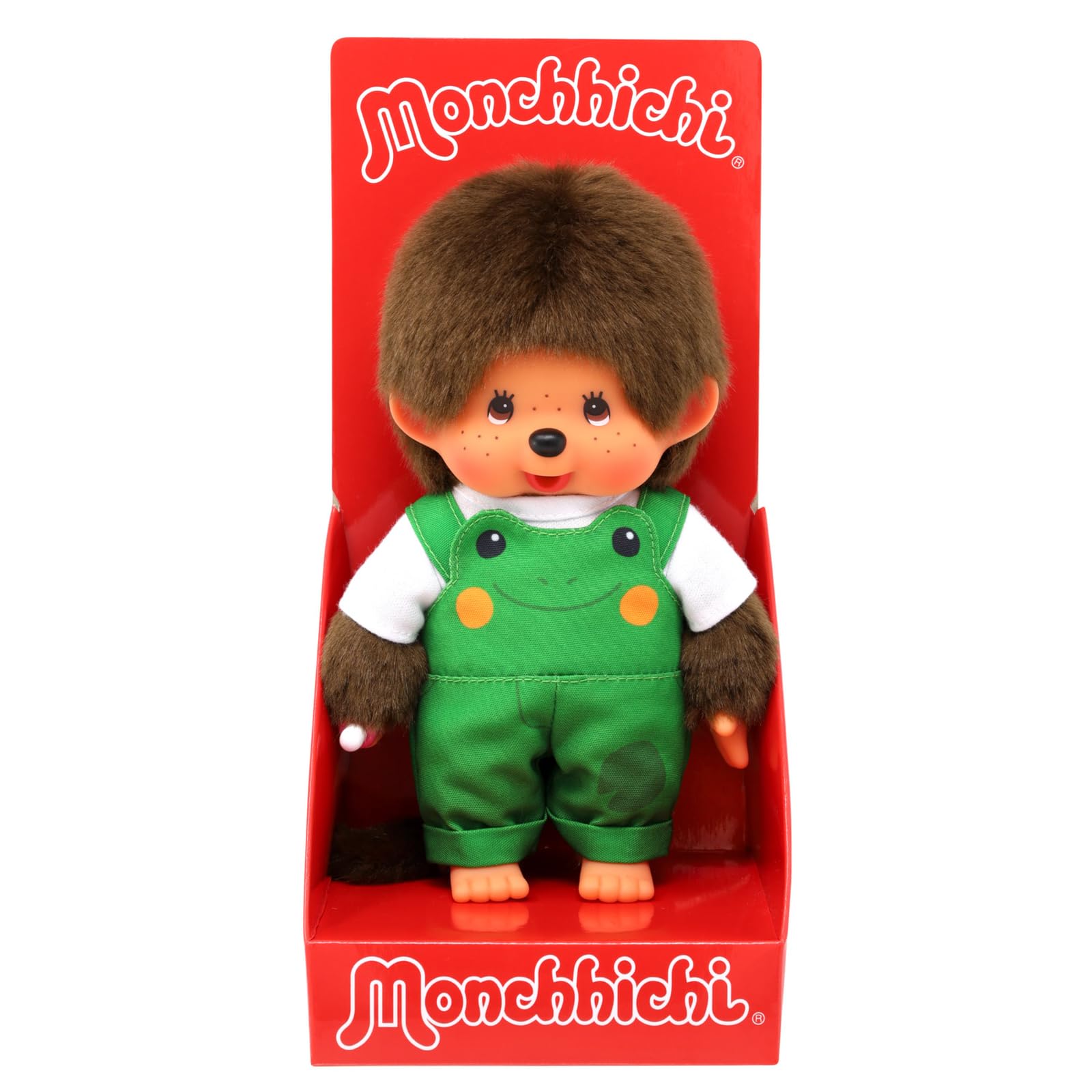 Sekiguchi Monchhichi Junge Plüschfigur – Original Monchhichi Junge mit Latzhose und Frosch-Motiv, ca. 20 cm