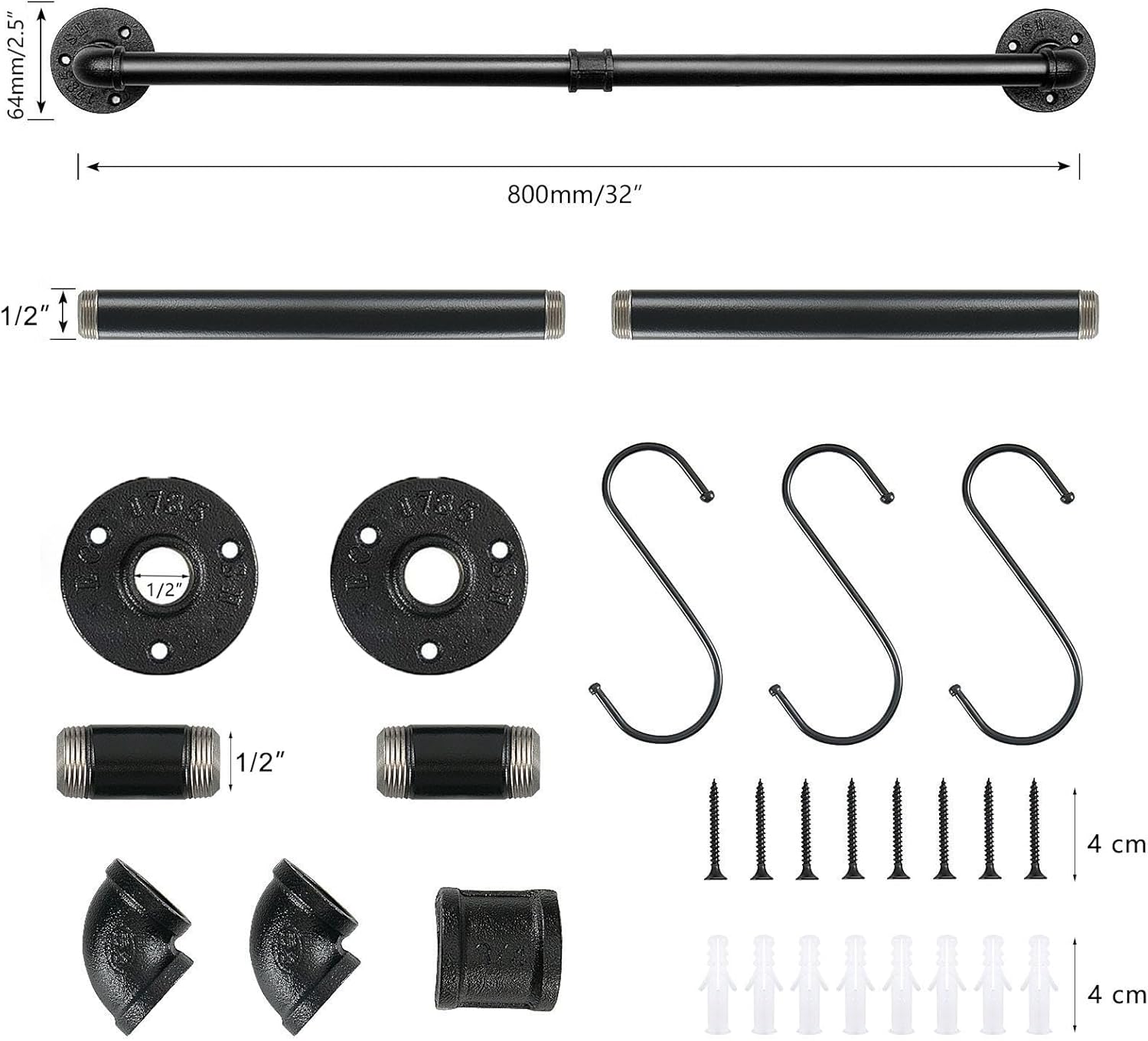 Industrial Pipe Towel Rack Towel Bar, Heavy Duty Wall Mounted Rustic Farmhouse Bath Towel Holder for Bathroom (Black, 32 inch)