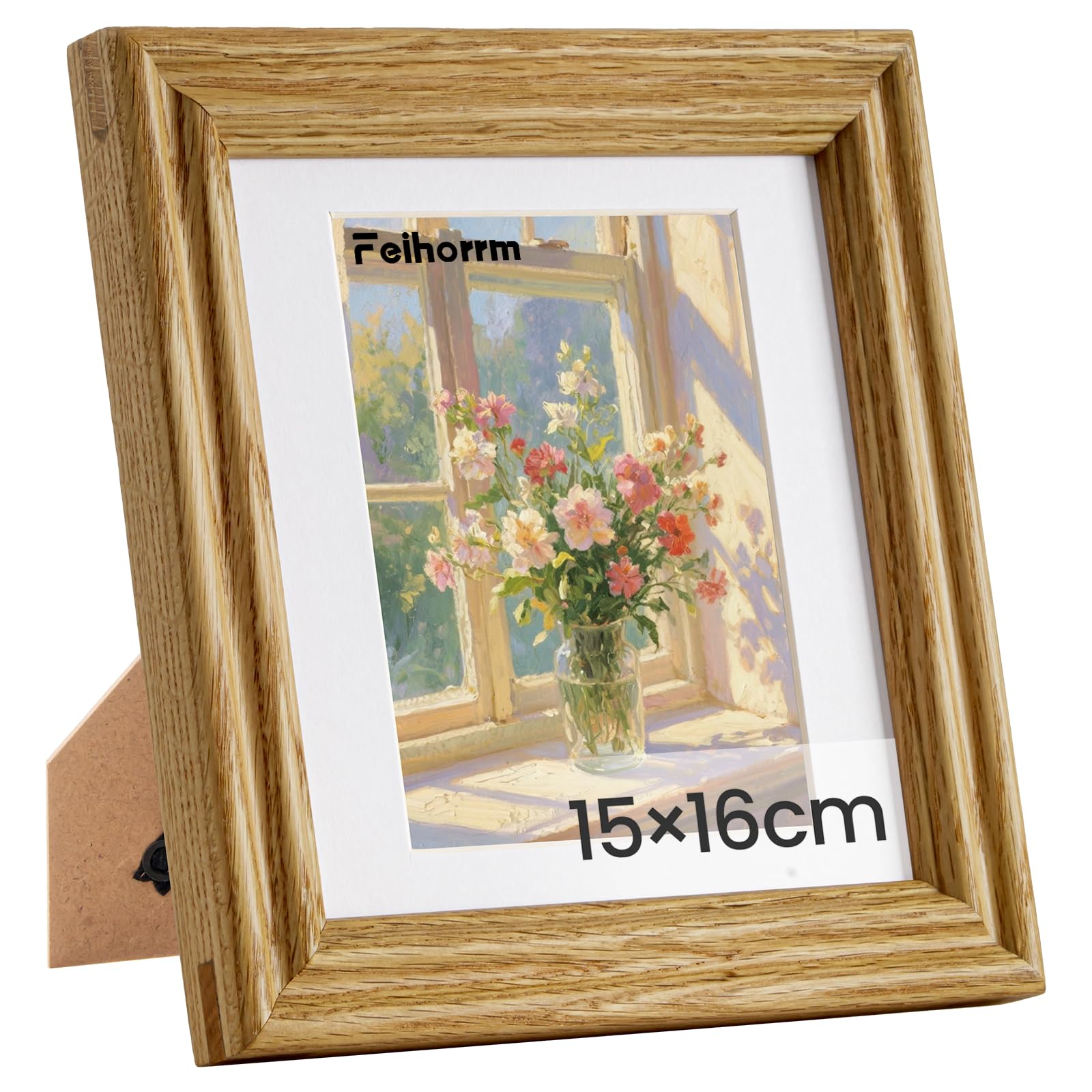 Feihorrm Vintage Bilderrahmen, Eiche Massivholz Fotorahmen, Mit gehärtetem Glas, Für 15x16 cm-Fotos ohne Passepartout oder 9x12 cm-Fotos mit Passepartout (Beige, 15x16 cm)