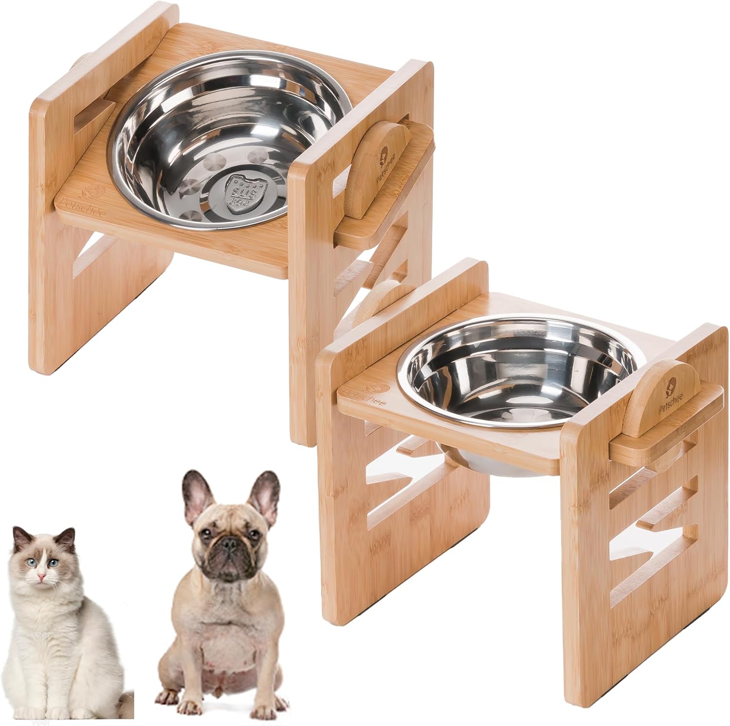 Adjustable Elevated Dog Bowl 2.4″-6.7″, with Food Grade 304 Stainless Steel 15 OZ, 6 Heights Bamboo Dogs Bowl Stand for Small Size Dogs and Cats, 2 Pack