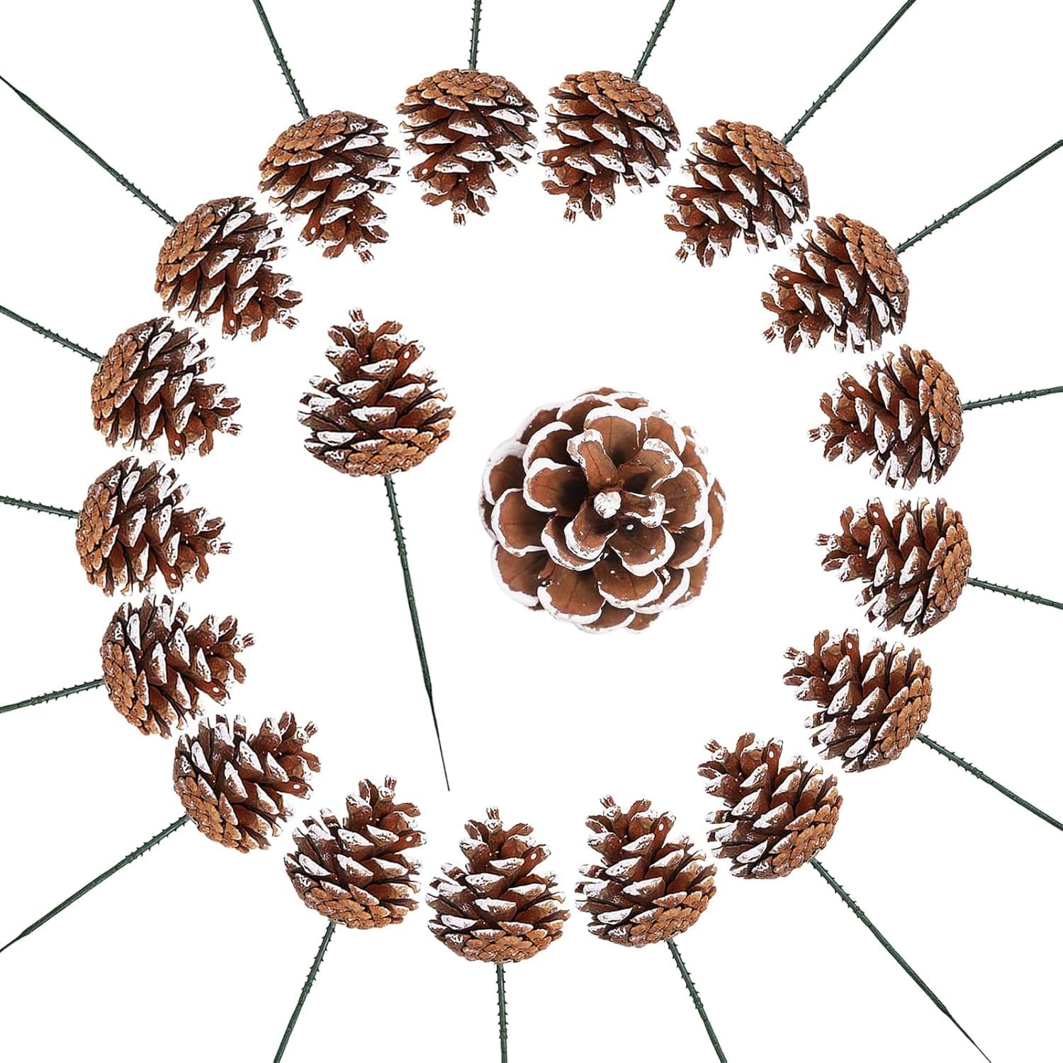 20 Pieces Christmas Pine Cones Decorations Picks, 2 Inch Natural Pine Cones Snow Tipped with Wired Picks White Craft, for Xmas Tree Garland Wreath Ornaments Pinecones Decorating