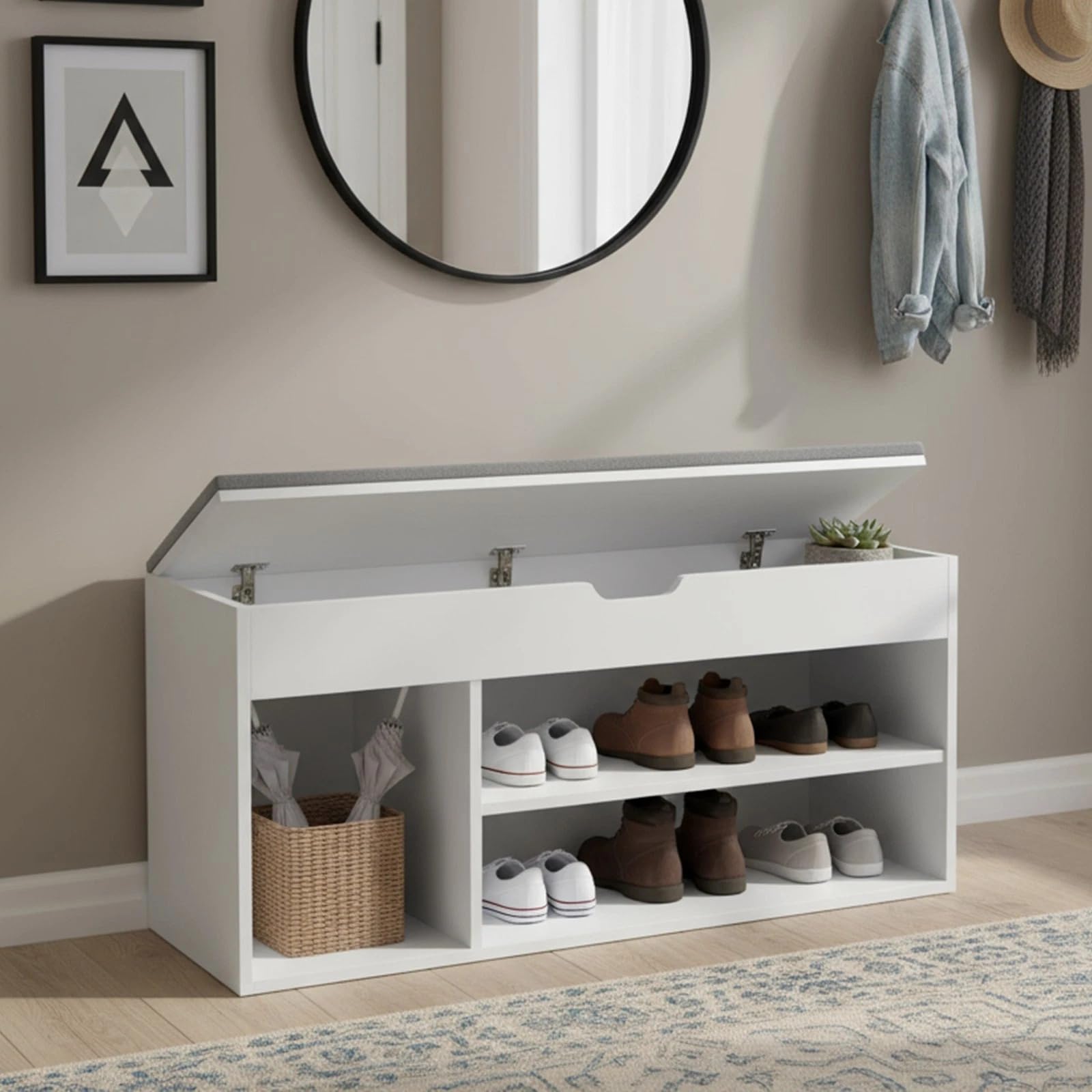 MAKA Scarpiera Panca Ingresso con Seduta, Cassapanca con Cuscino Imbottito L103xP30xA45, Capacità Seduta 150 Kg, 4 Scomparti a Scaffale, Legno Resistente (Bianco XL)