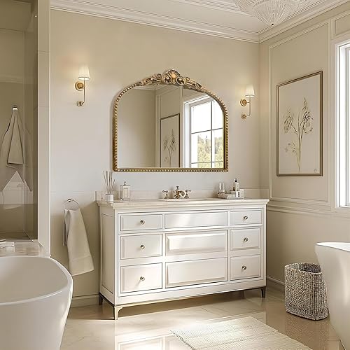 Miniatura 3 de G-LEAF Espejo arqueado, espejo barroco vintage de 40 x 31 pulgadas, espejo antiguo victoriano, espejo de granja con cepillo negro, marco de metal