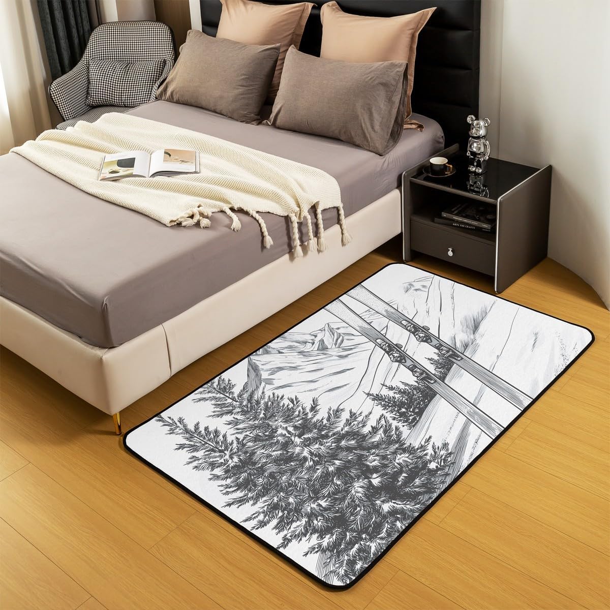 Castle Fairy Ski Sports Area Rug 3'x5',Skiing Sports Winter Scenery Non Slip Rug for Kids Teen Boys Women Men,Pine Snow Mountain Gray Sketch Indoor Floor Mat for Dining Room Backyard Decor