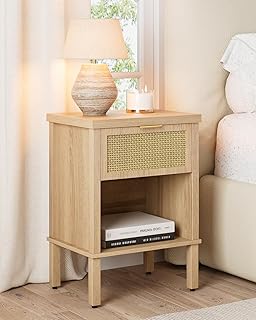 Rattan Nightstand with Drawer and Open Shelf, Boho Side Table with Gold ...