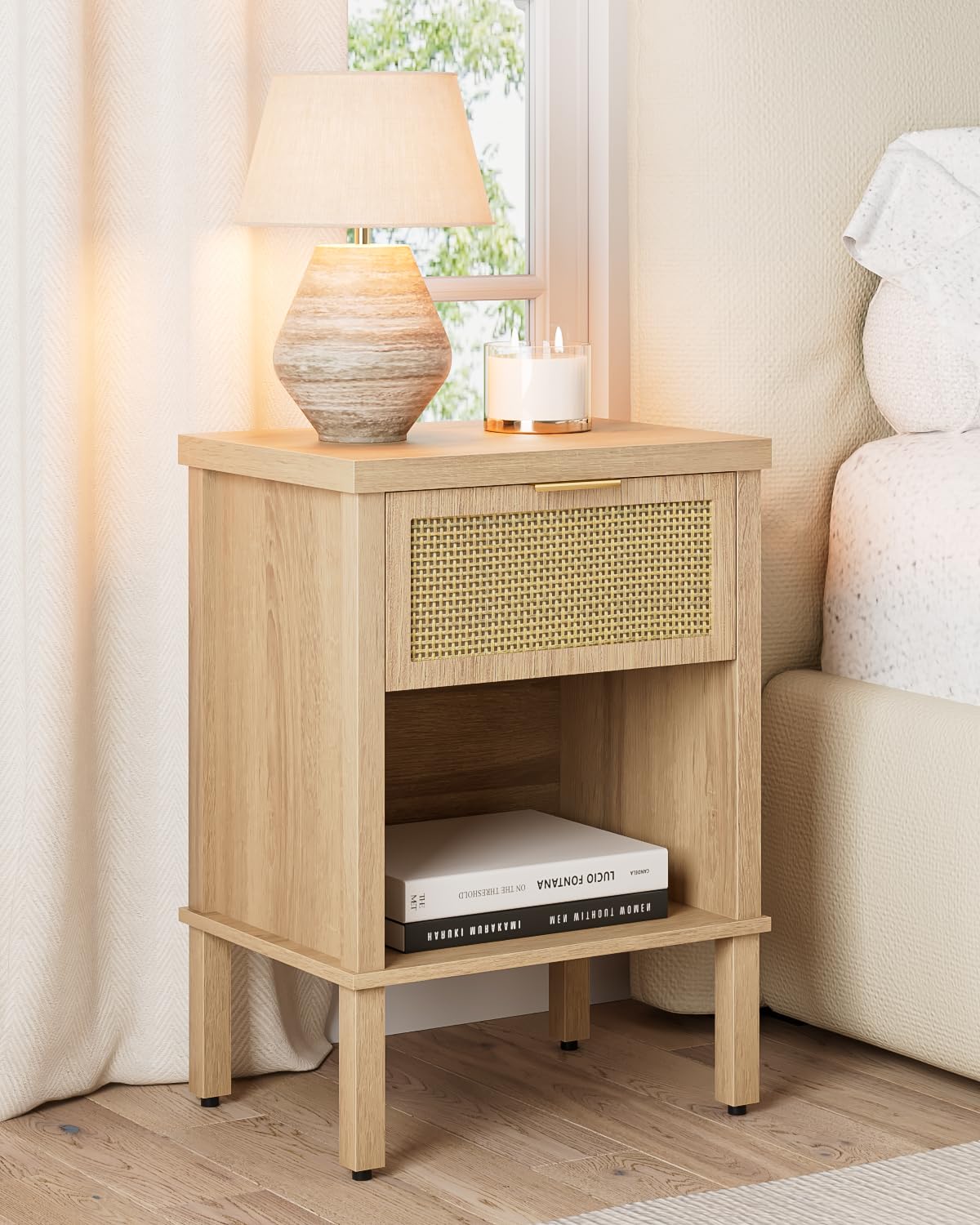 Photo 1 of Apetaccat Rattan Nightstand with Drawer and Open Shelf, Boho Side Table with Gold Handle, Small Night Stand, Modern Bedside Table for Bedroom, Natural