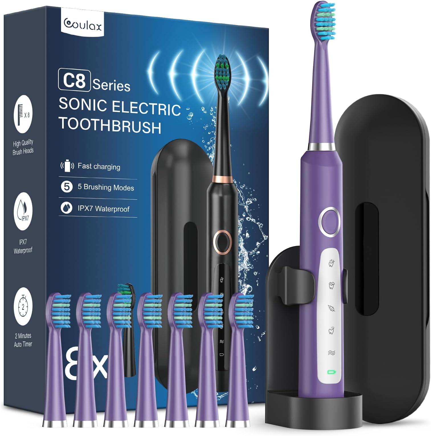 Coulax Electric Toothbrush - Sonic Electric Toothbrush Rechargeable Travel Toothbrush with 8 Heads, Case, 5 Modes Dark Purple