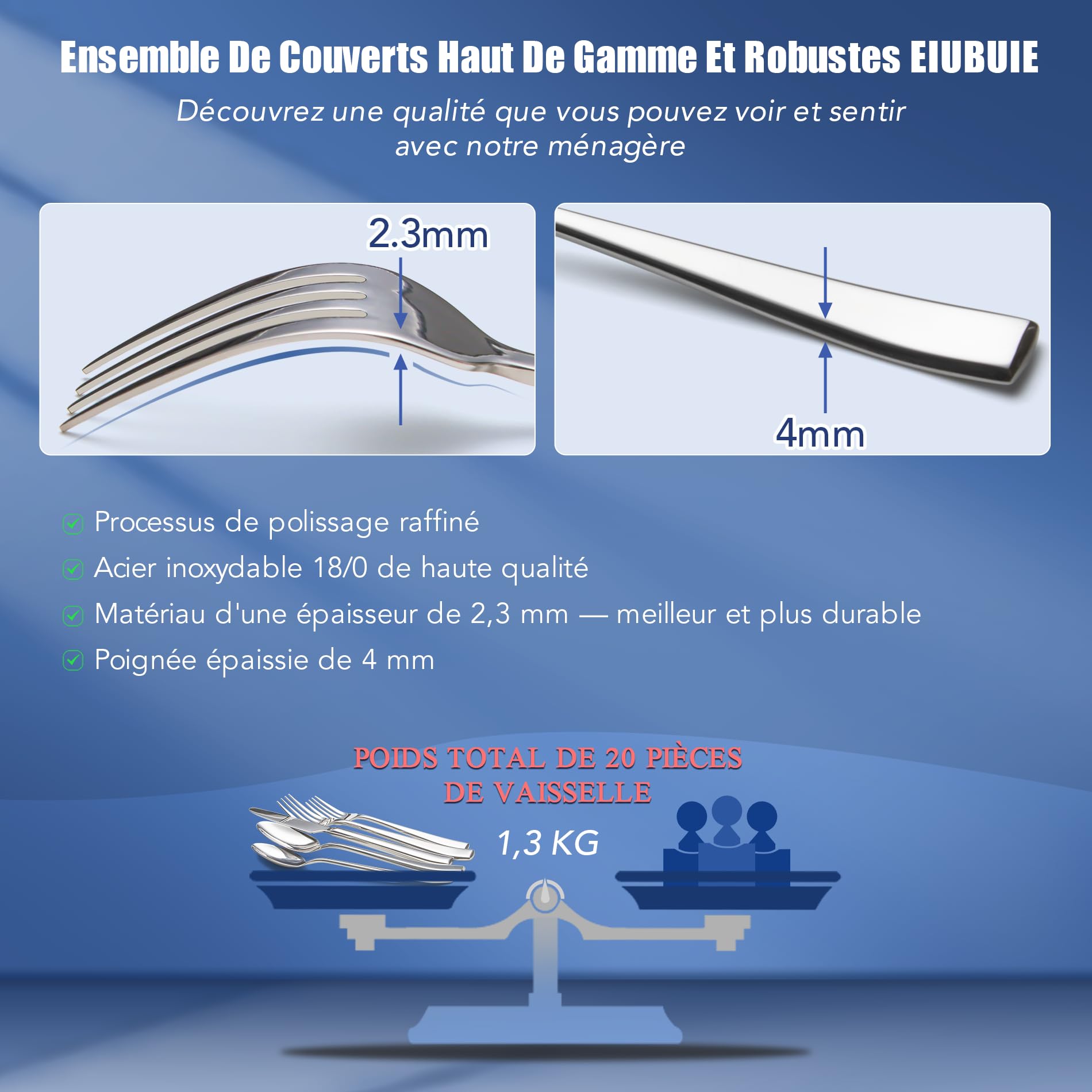 Lot de 20 couverts pour 4 personnes en acier inoxydable de qualité supérieure avec poignées uniques, couverts modernes polis miroir, passent au lave-vaisselle, avec couteau, fourchette