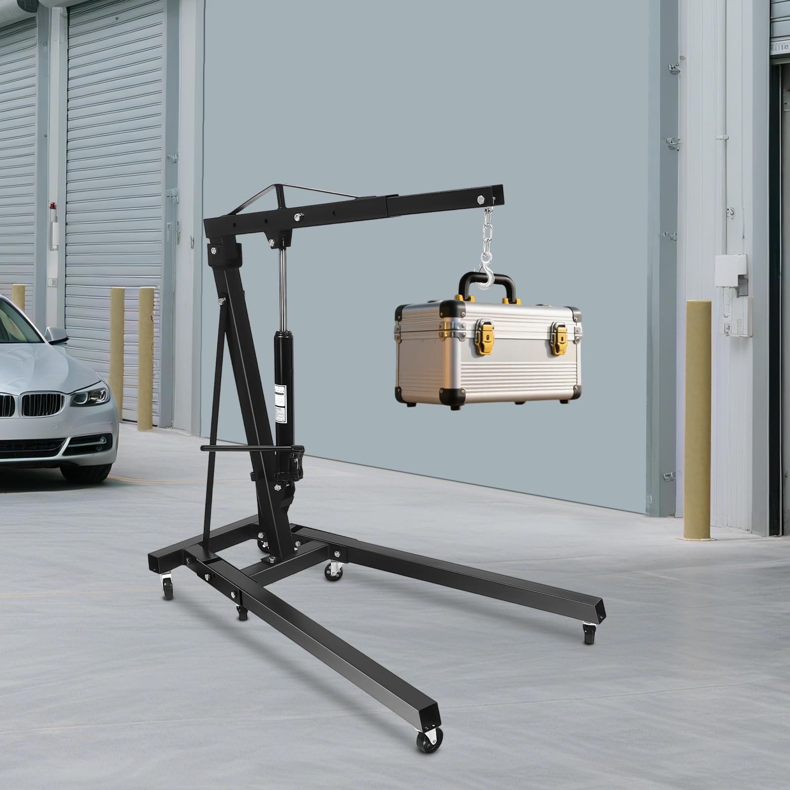 Gru a motore pieghevole, 2000 kg, sollevatore idraulico come gru da officina e supporto motore con 6 ruote, gru portatile per motore e cambio in garage