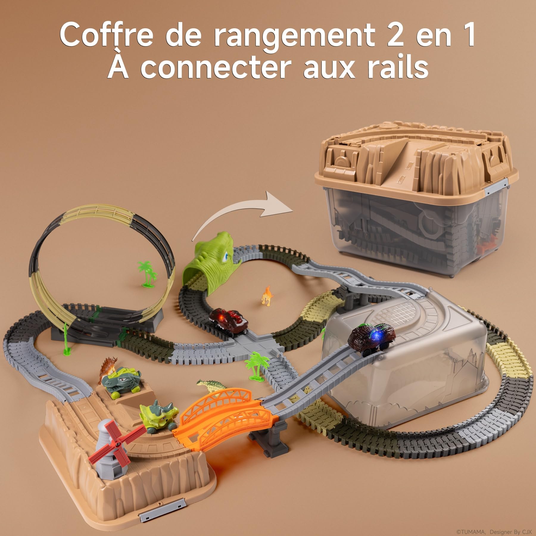TUMAMA Circuit De Voiture Dinosaure Jouet Pour Enfant 3 5 6 9 Ans, 255 Pièces Dinosaures Électrique Circuit De Course Avec 2 Camions, Jouets Train Track Chantier Set, Flexibles Educatif Véhicules Jeux