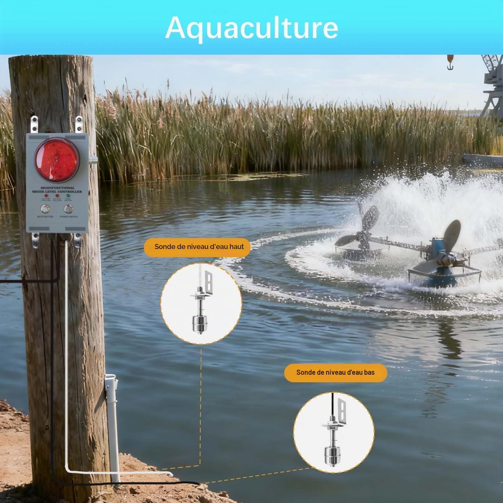 Alarme Niveau d'eau Professionnelle, détecteur Haut/Bas Liquide avec Double sonde, Alarme visuelle/sonore 120dB réglable, câble 10m, Tout métal, Anti-débordement pour cuves/piscines/Cales/puits