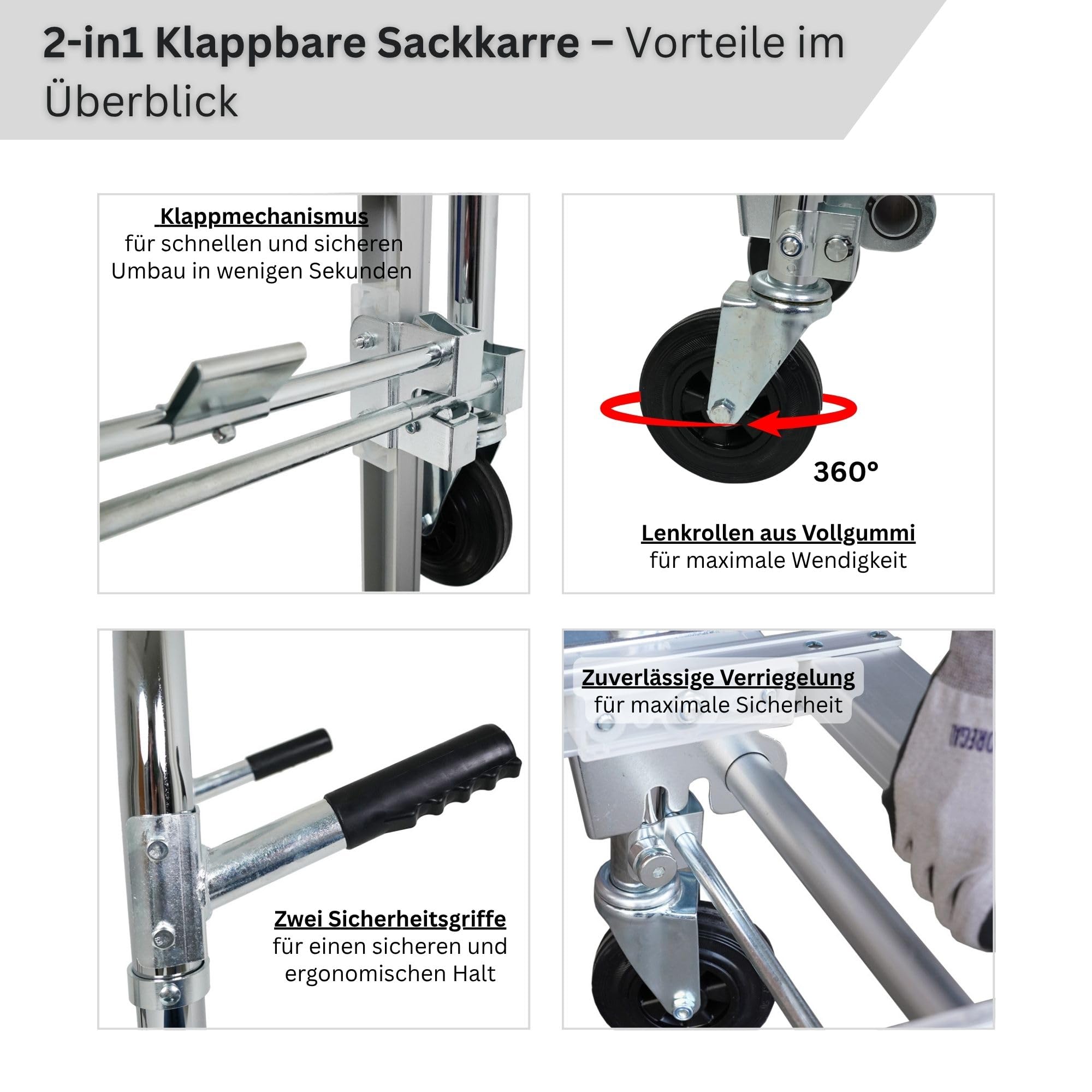 PROREGAL 2-in1 Sackkarre & Plattformwagen Apollo klappbar Traglast 350/250 kg, 2 Luftbereifung & 2 Vollgummiräder, Stahlrahmen, 131x50x48cm Transportkarre Transportwagen