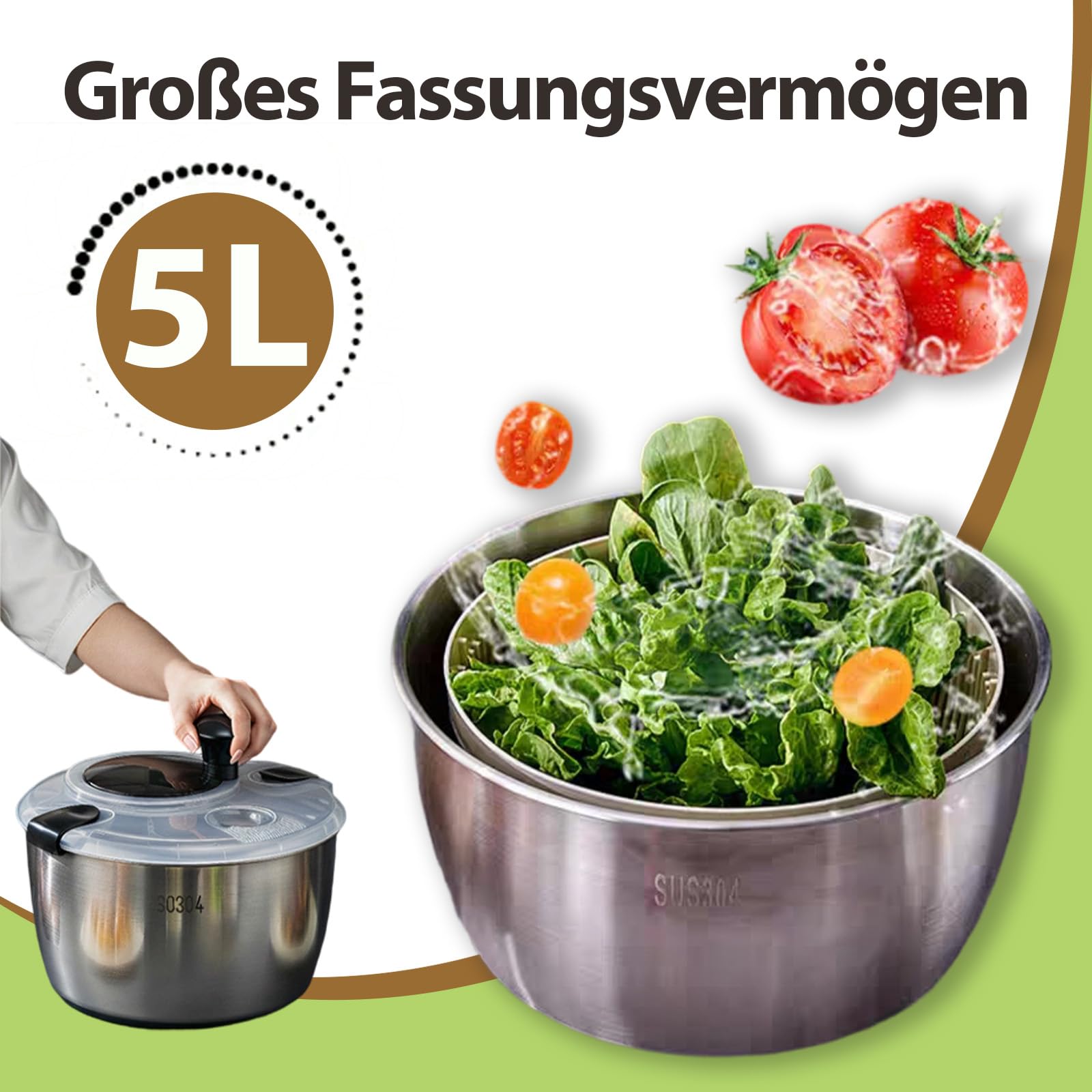 5L Salatschleuder, Salatschleuder Edelstahl, Salatschleuder Mit Deckel, Lebensmittelecht Edelstahl, Rutschfester Sockel, Effizient zur Salatzubereitung & Lebensmittelreinigung (Edelstahl 304)