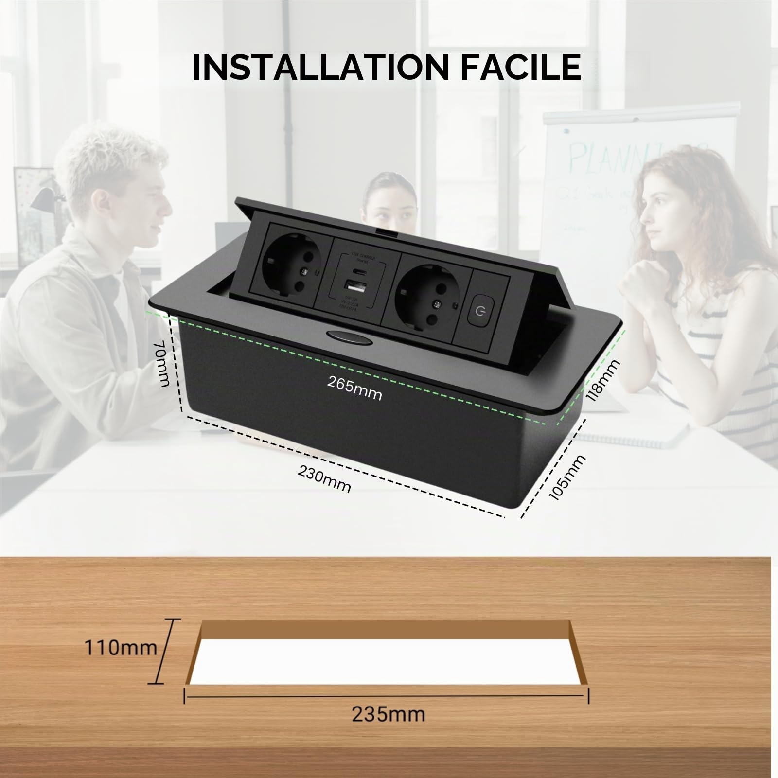 Prise escamotable, prise encastrée avec charge rapide de type C 20 W