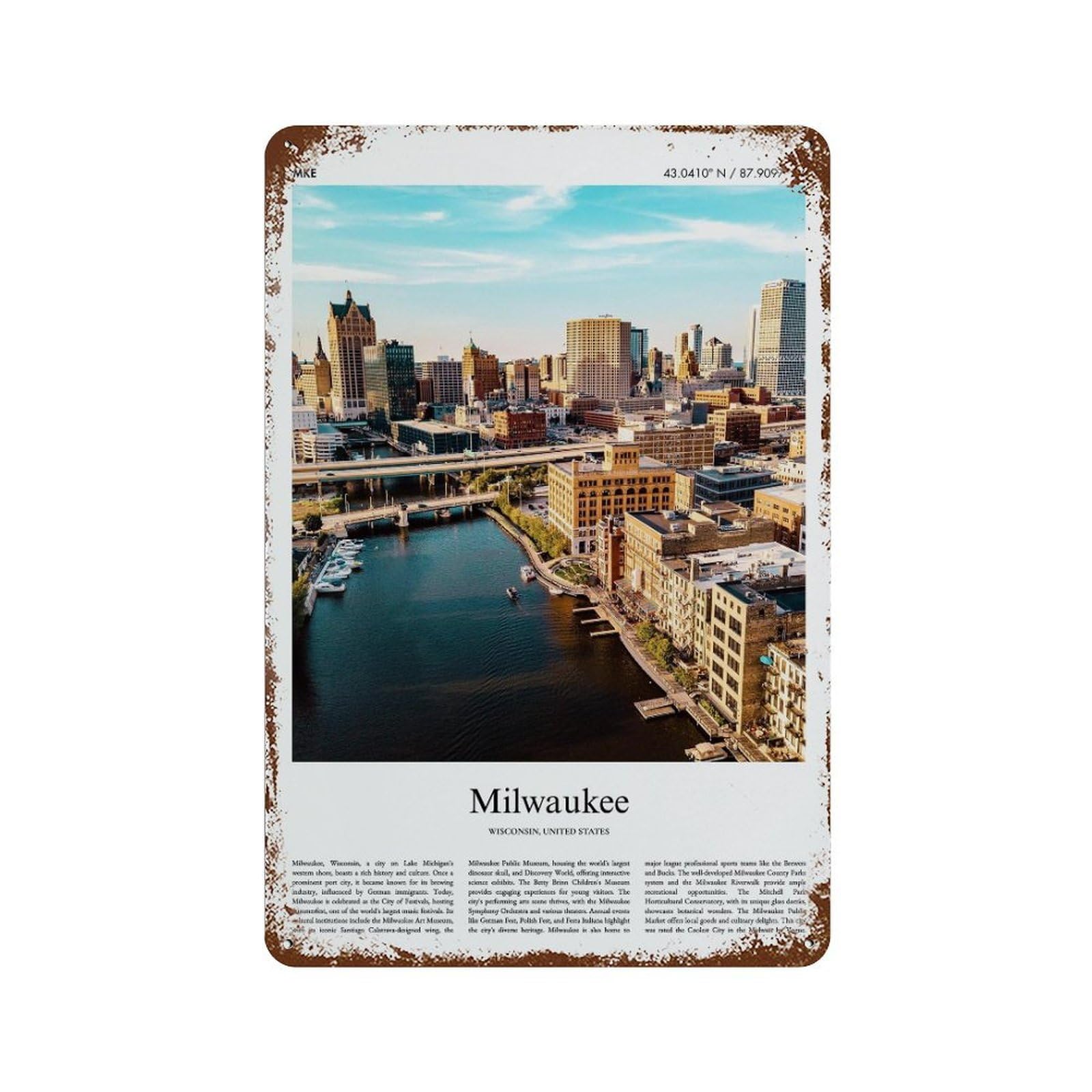 xiaoxiaoshen Milwaukee Wisconsin, United States, USA City Scenery Wall Decor Art Metal Tin Poster Modern Home Decor Art Home Bar Shop Decorations Vintage Sign 30x20cm