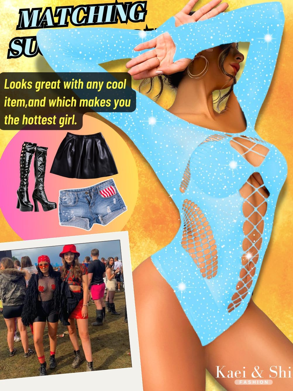 Kaei&Shi Rave Outfits For Women, Rhinestone Bodysuit Fits 0-16, Exotic Dancer Sexy Tops, Fishnet Stripper Plus Size Lingerie - Image 5