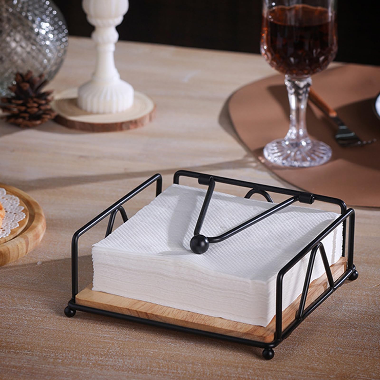 2 Stück Serviettenhalter Schwarz, Serviettenspender mit Gewichteter Stange, Serviettenständer Holz-Sockel & Eisenrahmen für Küchen Restaurants Bar, 18x18x7cm