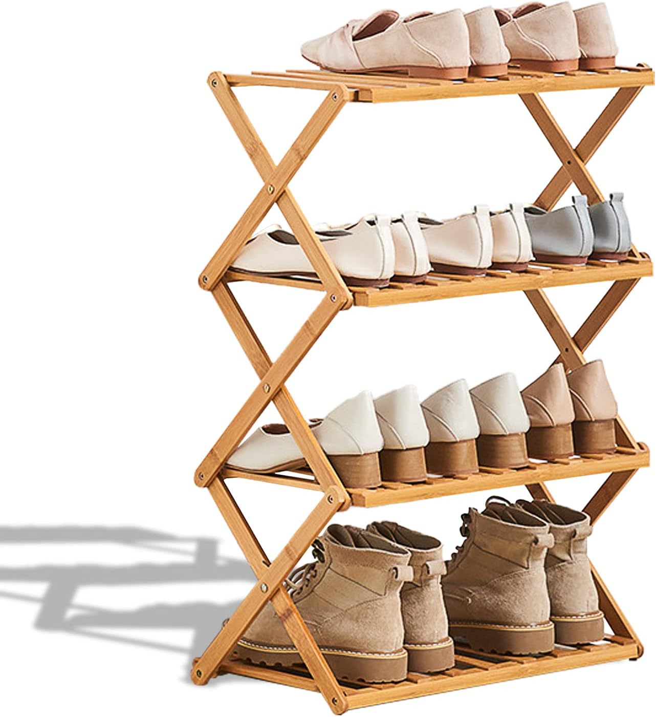 2 to 5 Tier Shoe Rack, Multi Tier Foldable Bamboo Shoe Organizer Rack Multifunctional Storage Free Standing Shoe Shelf. (4 Tier ( 20 feet wide ))