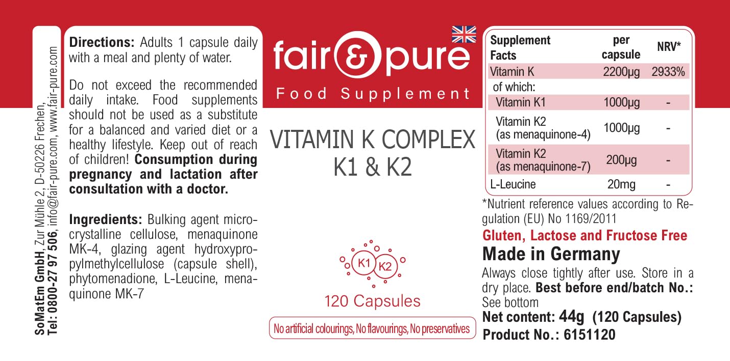 Fair & Pure® - Vitamine K Complexe K1 & K2 - avec 2200μg de Vitamines K par gélule - 120 gélules véganes