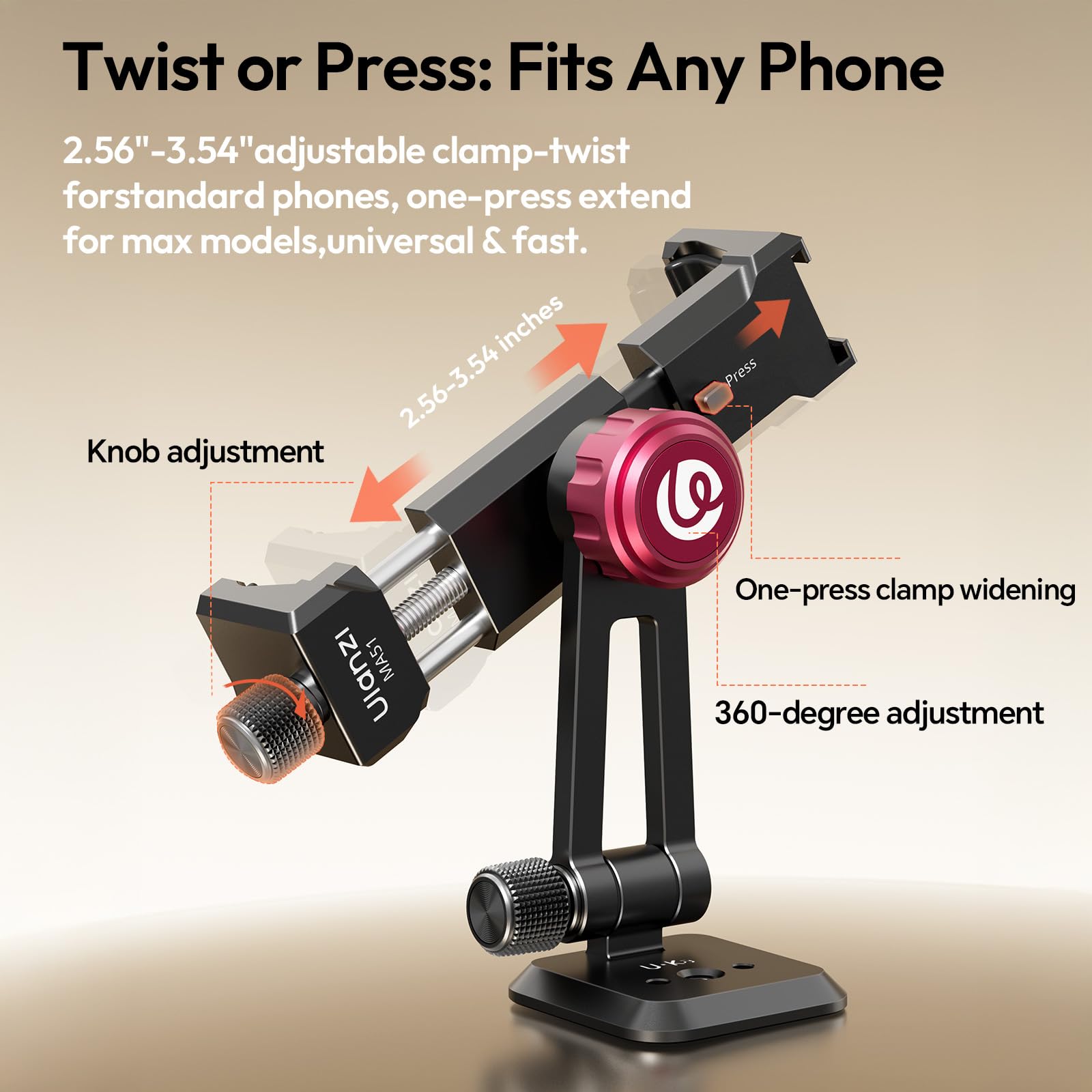 ULANZI MA51 Metal Phone Tripod Mount, Phone Clamp with Arca UKA Base, Cold Shoe, Arri Locating Holes, 360° Swivel 180° Tilt, Cell Phone Holder Compatible with iPhone 17 16 15 14 Samsung Cell Phone