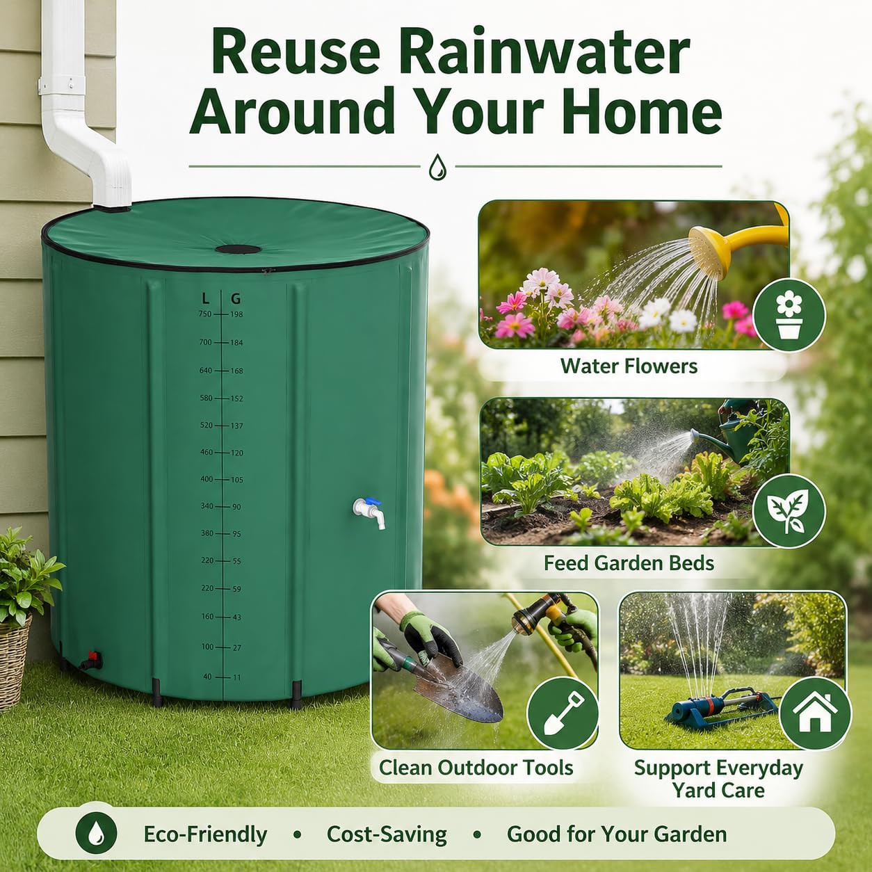 Faltbare Regentonne 200-500 Liter, Regentonne Faltbar Mit Seitlicher Skala Und Überlaufschutz, Regenwassertonne Für Garten, Balkon, Terrasse, Camping Und Outdoor, Grün (Grün,200 Liter)