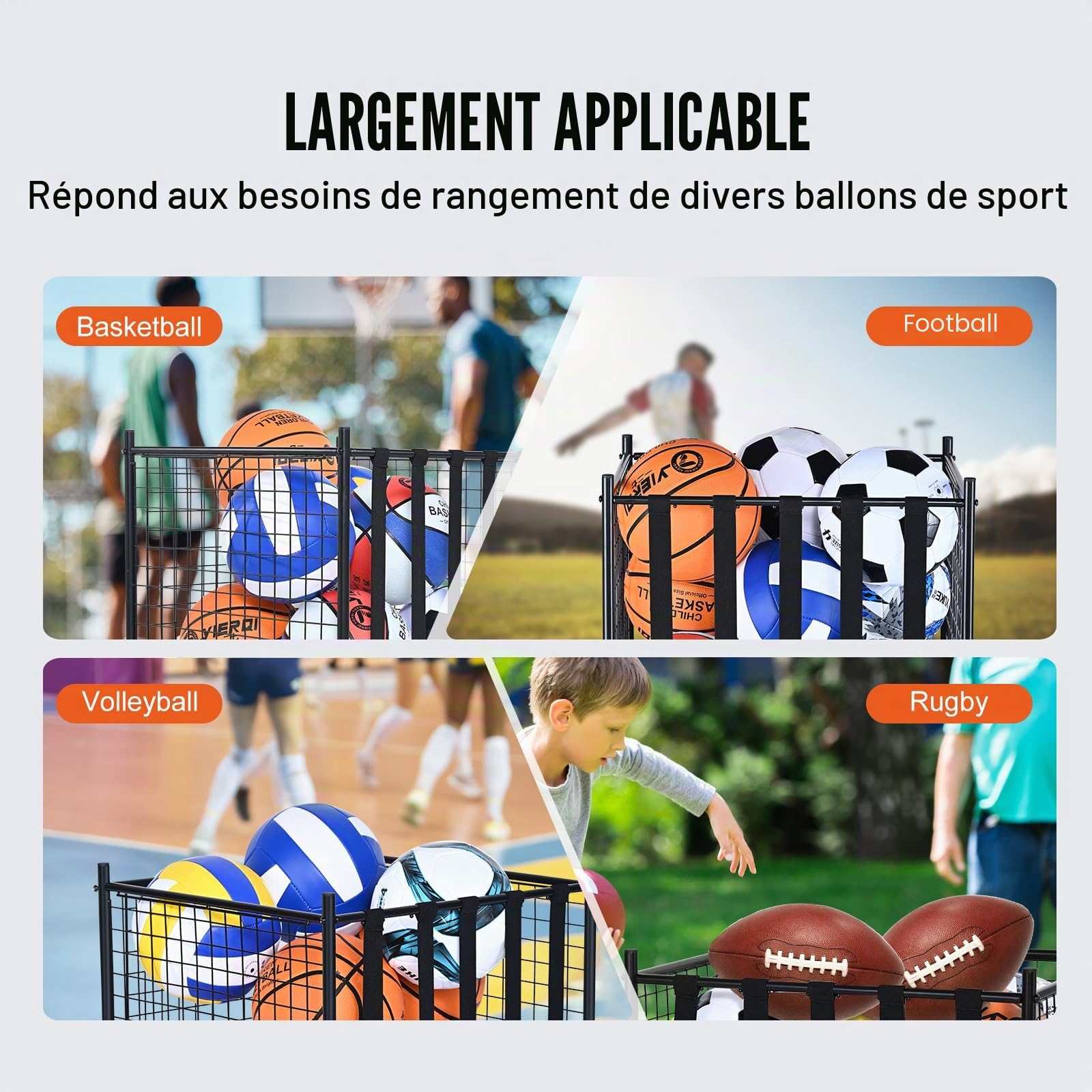 VEVOR Chariot de Rangement à Roulettes pour Ballons de Sport, Cage de Basket-Ball Verrouillable