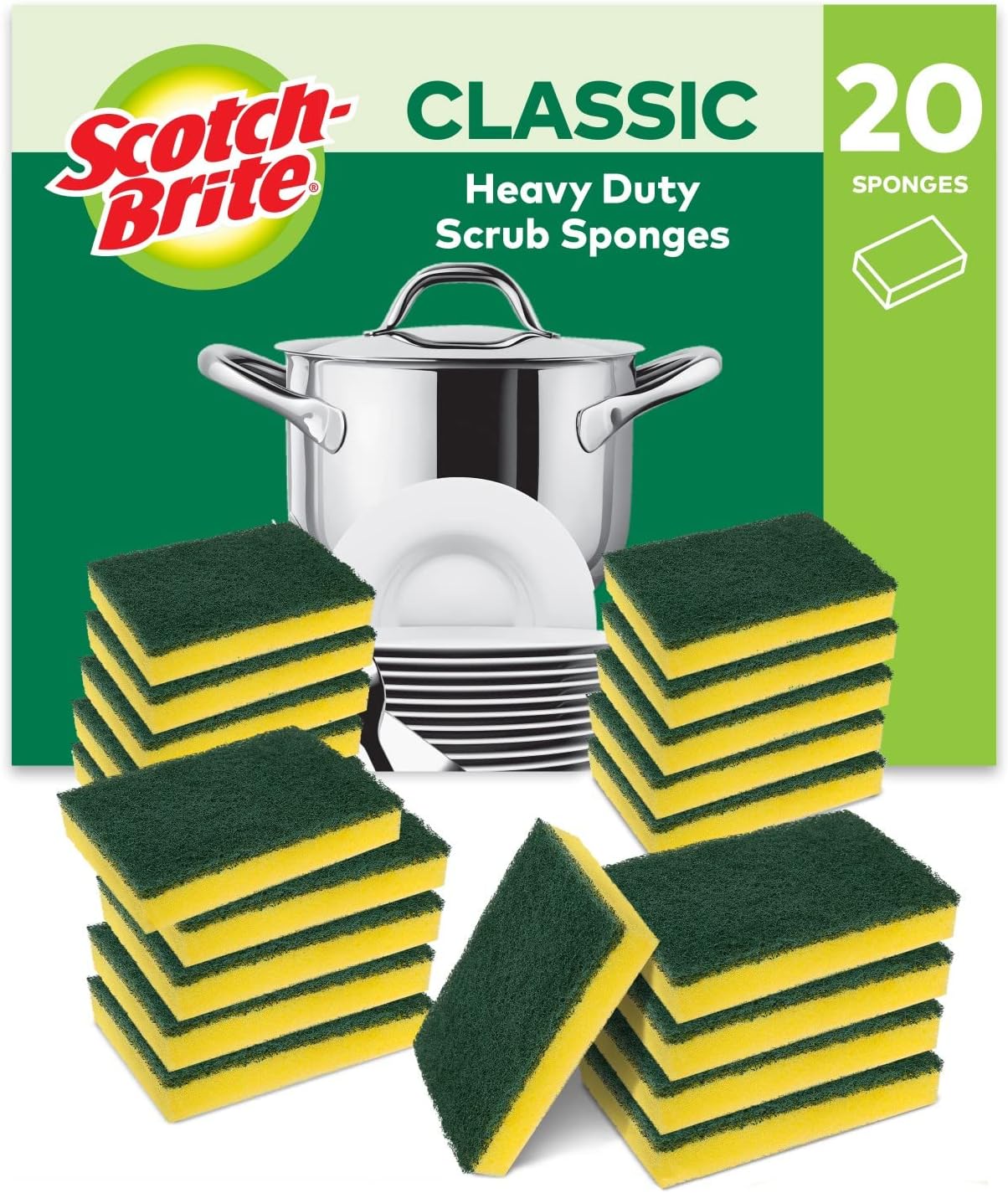 Heavy Duty Classic Flat Laminate Scrub Sponge, 20 units/pack | Kitchen sponge | Dish sponge | Scrub | General Purpose Cleaning | Food Safe | Non-Rusting | Kitchen, Garage, Outdoor