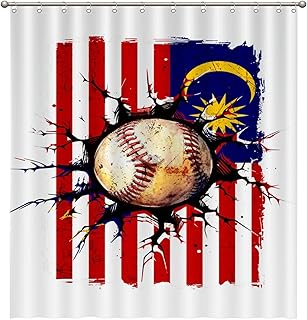 Yinrune Bathroom Shower Curtains with Hooks 72x92in,Baseball Ball Sports Malaysia Bath Shower Curtain Waterproof Fabric for Bathtubs Bathroom Decoration Home Décor
