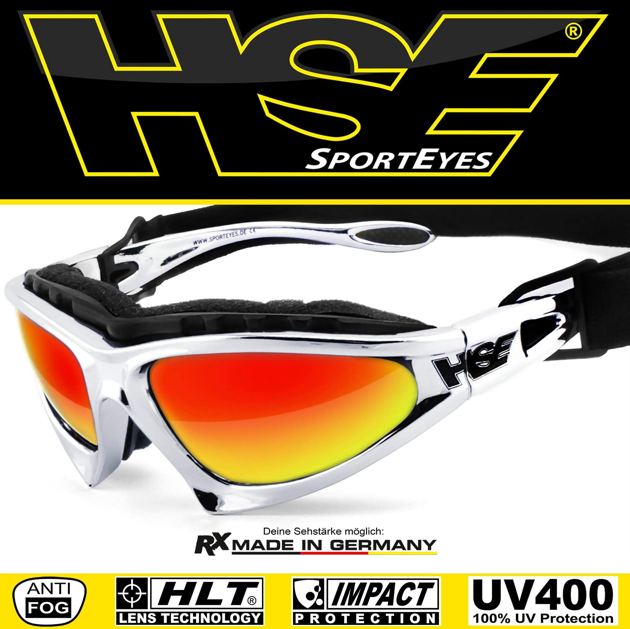 HSE SportEyes® | beschlagfrei, winddicht, HLT® Kunststoff-Sicherheitsglas nach DIN EN 166 | Sportbrille, Radbrille, Sonnenbrille | Brille: 2050 (rot verspiegelt - Chrom)
