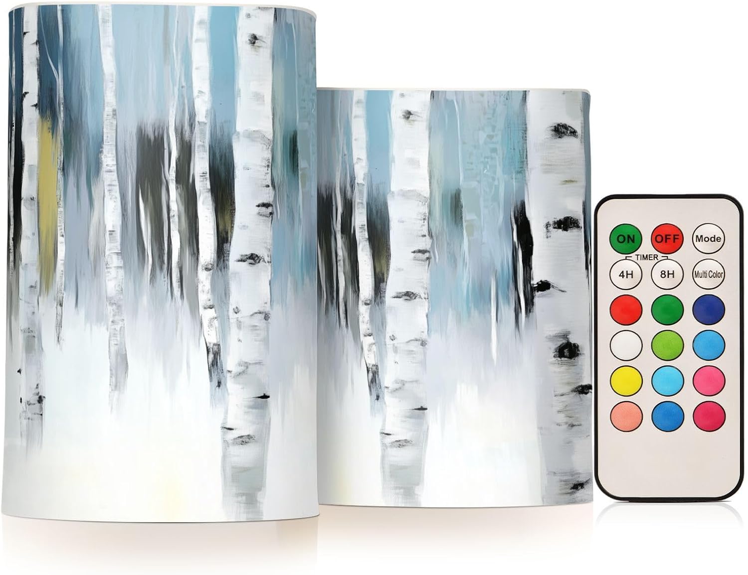 Painting White Birch Trees Flickering Flameless Candles LED Battery Operated with Remote Timer Pillar Candles for Home Birthday Wedding Christmas Decor, Set of 2