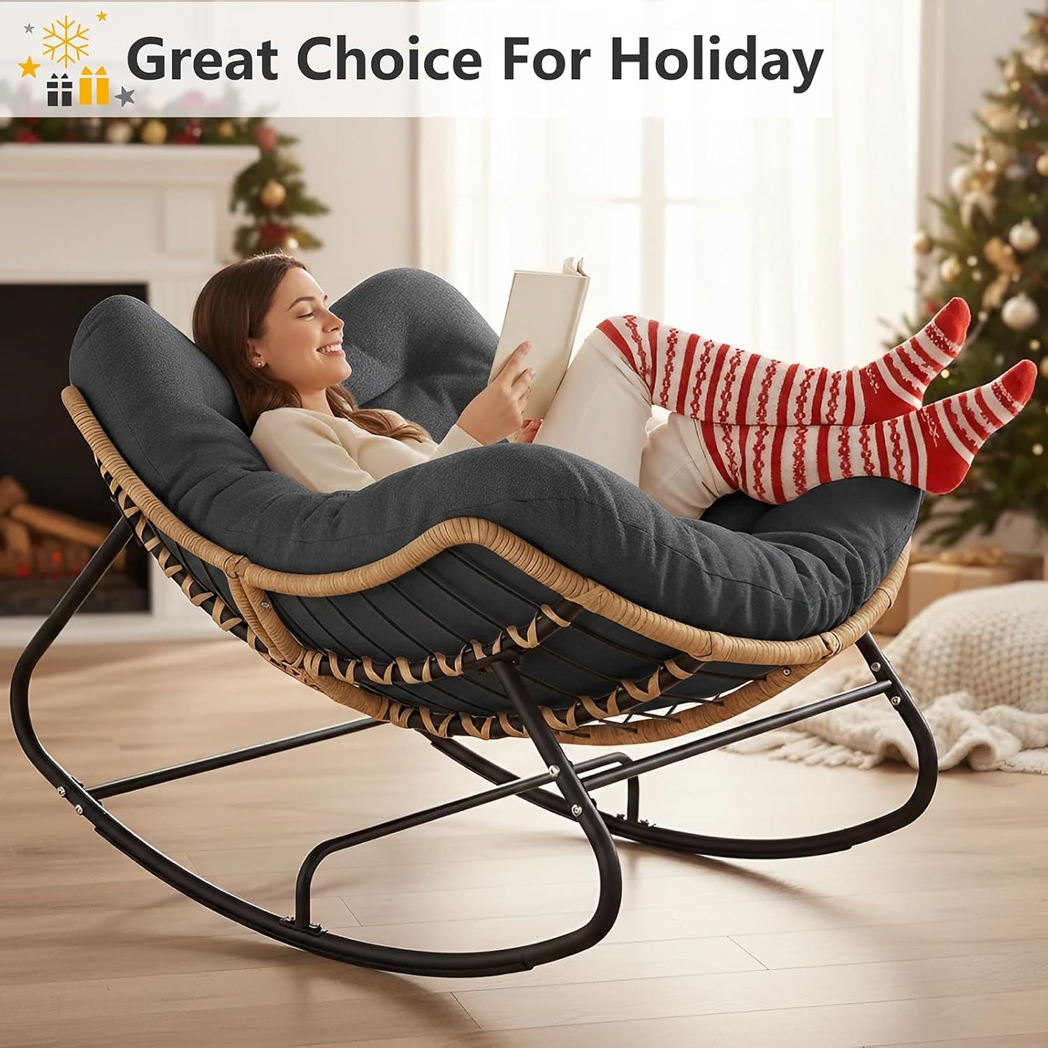 SWITTE Outdoor Rocking Chair, Oversized Patio Papasan Rocker, Comfy Wicker Reading Lounge, Indoor Egg Chair for Bedroom, Living Room, Porch, Garden, Lawn-Dark Grey 4 712F+8WL+gL. AC SL1500