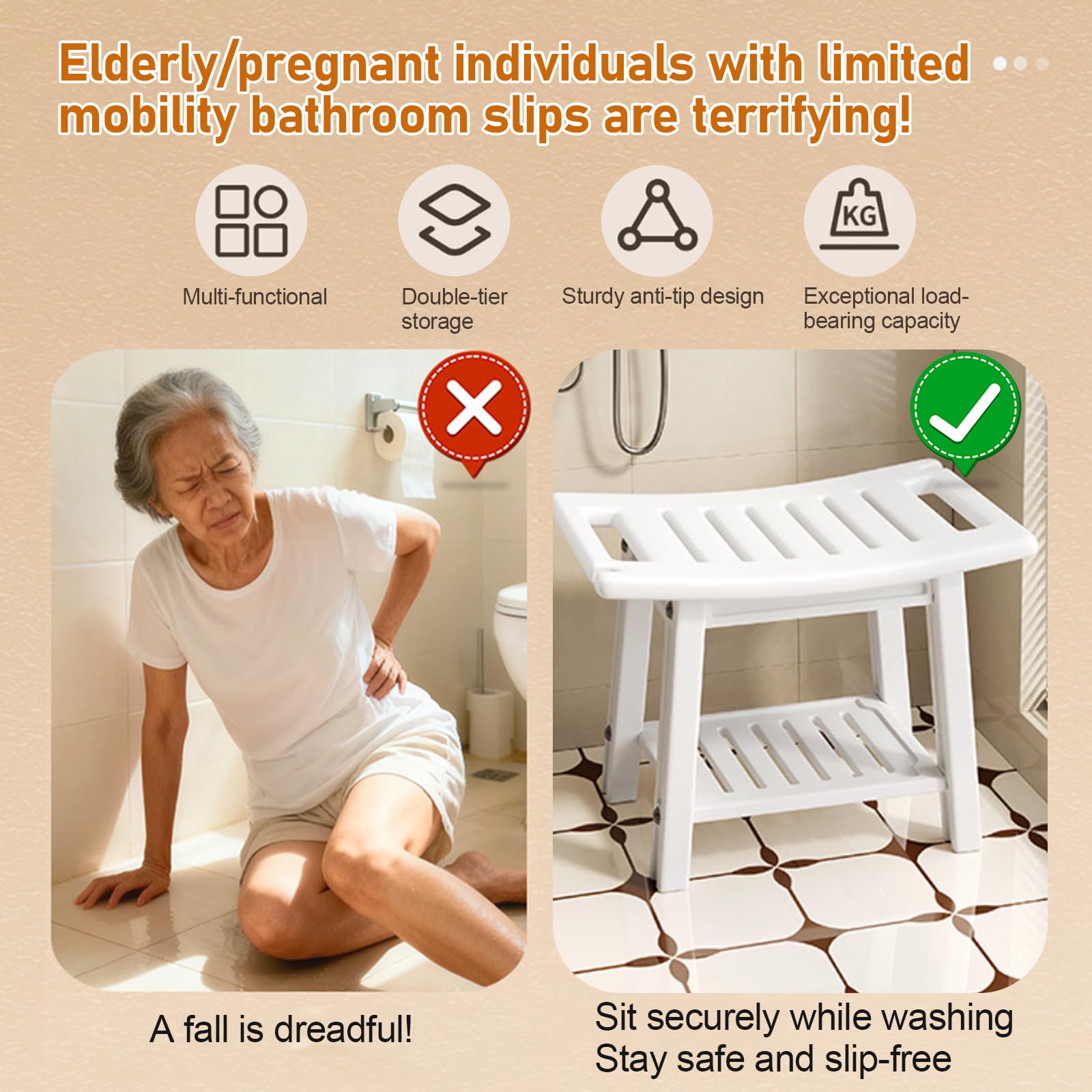 Silla de ducha impermeable, taburete de ducha impermeable con asidero, taburete de baño con soporte para el cabezal de ducha, silla multiusos con capacidad de carga de 150 kg, 56 x 32 x 46 cm (blanco)