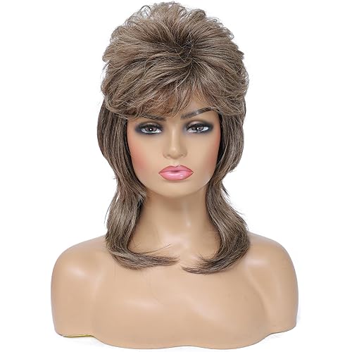 Mullet Wig for Women Shoulder Length Synthetic Cosplay Wig 80s Wigs Halloween Cosplay Daily Hair Wigs (Light Brown)