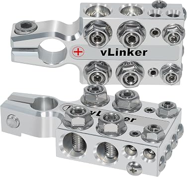 VGATE vLinker 20-Way Lead Acid Battery Post Terminal Ends Distribution Block Bus Bar, Battery Terminal Positive and Negative +/-Pair, 8AWG up to 4/0XL Wire Gauge for Tapered Top Post SAE/DIN/EN