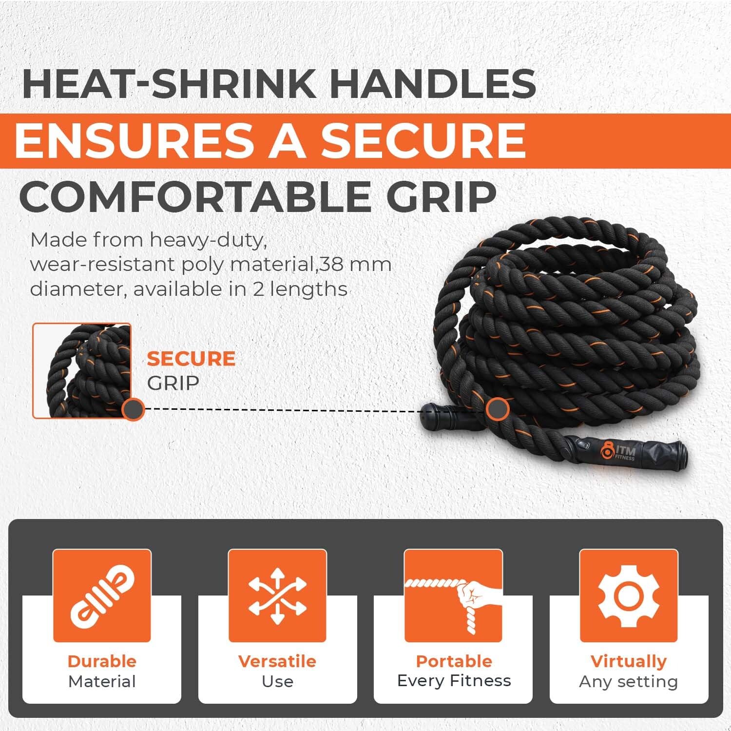 Battle Rope - 2 misure, materiale poli, per esercizi e fitness, portatile, diametro 38 mm