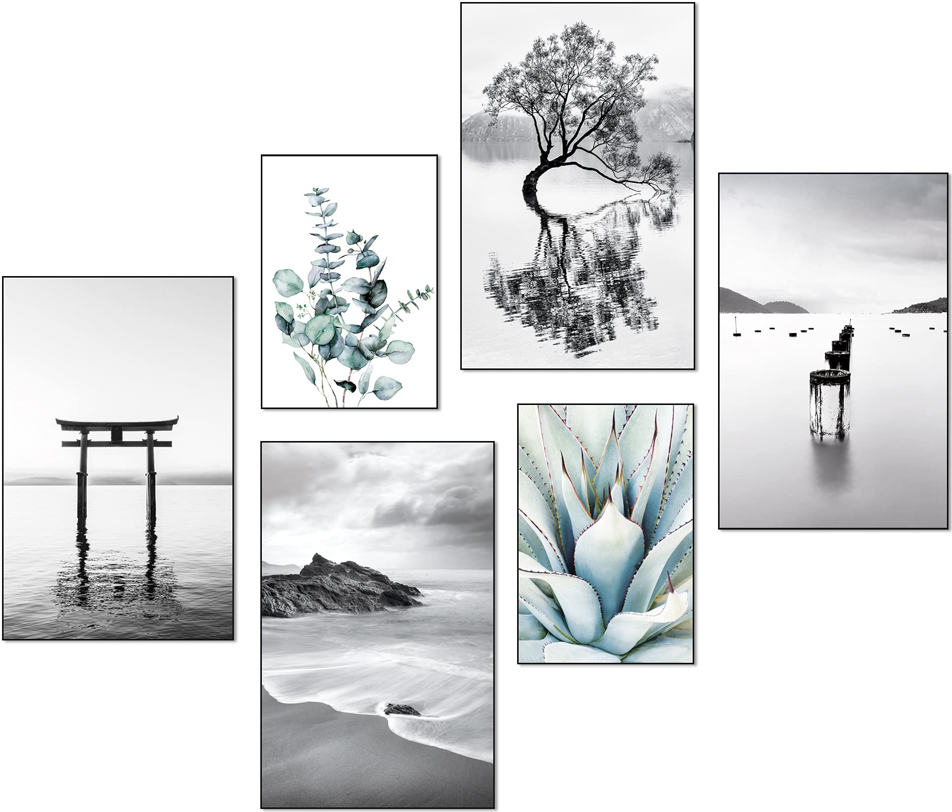 artpin® Moderno juego de pósteres, cuadros decorativos para salón dormitorio, playa, palmera, negro, blanco, pared sin marco (4 x A3 | 2 x A4) W15