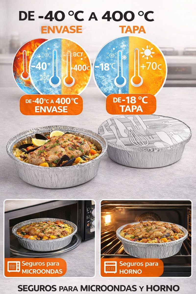 Envases de Aluminio Redondos Desechables para Comida Caliente, Recipiente para Pollo Asado y Hostelería, 100% Reciclable (Redondo 1420 cc)