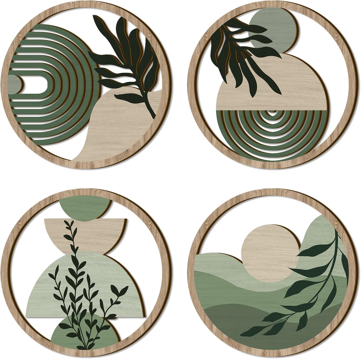 TOARTi 4 Pieces Green Botanical Wooden Wall Art Bohemian Hanging Art Farmhouse Geometric Wooden Wall Decor Aesthetic Tropical Plant Artwork Boho Minimalist Wall Decor for Bedroom Living Room