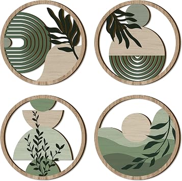 TOARTi 4PCS Green Boho Wooden Wall Art Decor Bohemian Botanical Hanging Wooden Sign Minimalist Hanging Art Wall Decor for Farmhouse Bedroom Living Room Office,11x11inch