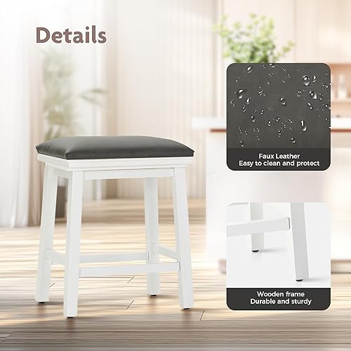 Miniatura 19 de ALPHA HOME Juego de 2 taburetes de bar, taburetes de cocina de madera maciza con cojín de piel sintética gris, taburetes de bar con base de madera