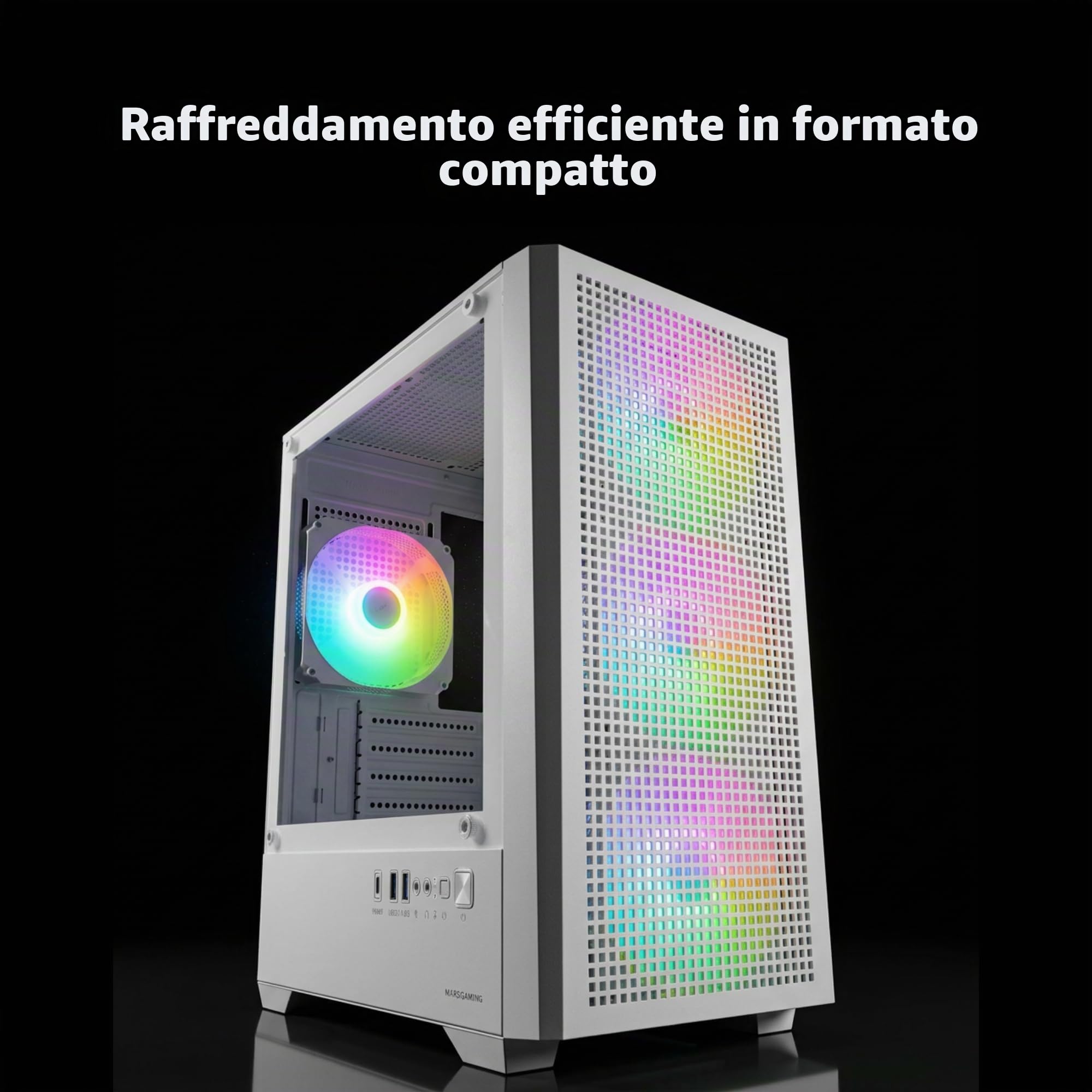 Mars Gaming MC-VECTOR, Case PC Gaming Micro-ATX e Mini-ITX, 4x Ventole ARGB FDB 120mm, Vetro Temperato, Frontale Mesh, Doppia Camera, Supporto Raffreddamento Liquido 120mm, USB-C, Bianco