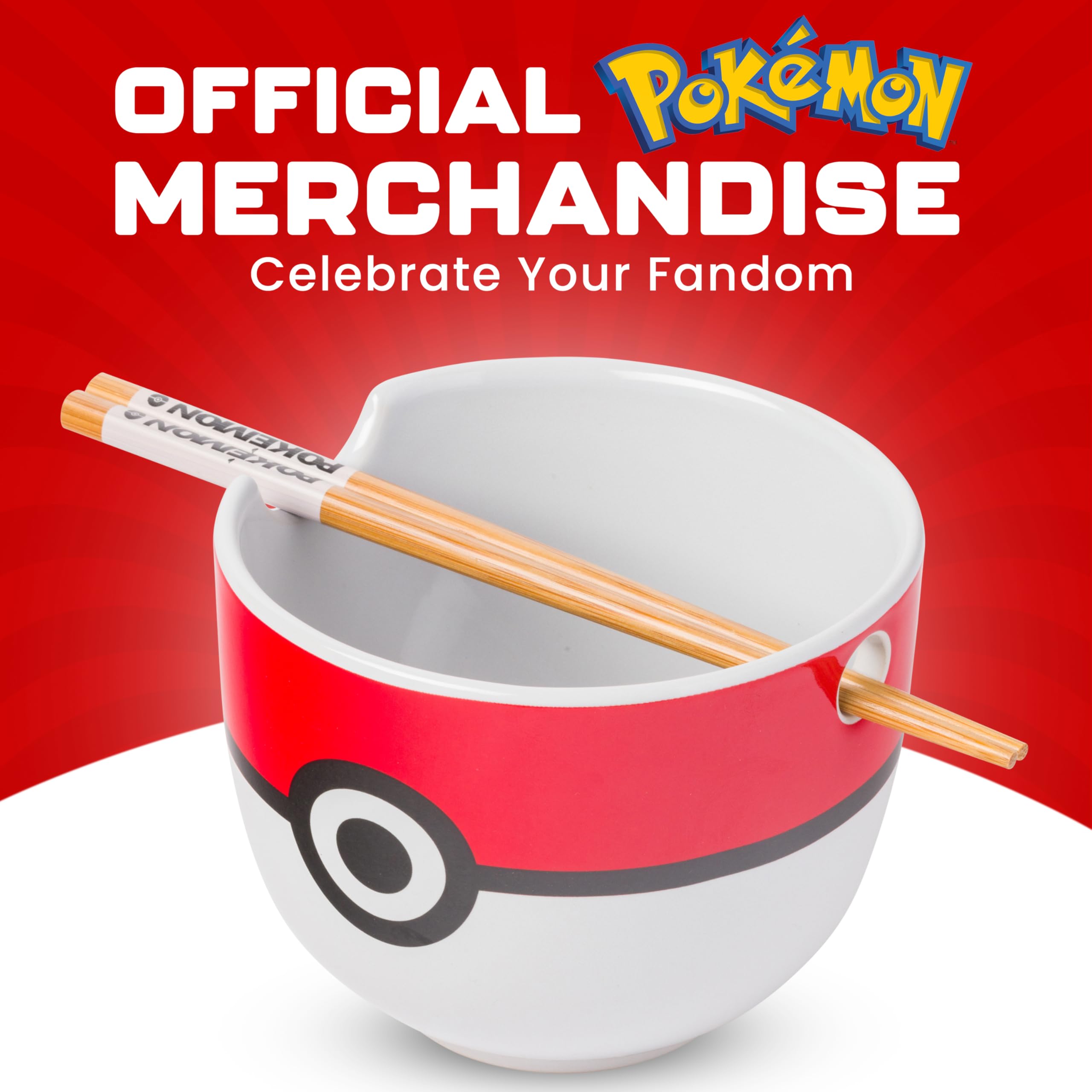 Silver Buffalo Pokemon Pokeball Ramen-Nudelschale aus Keramik mit Essstäbchen, mikrowellengeeignet, 590 ml