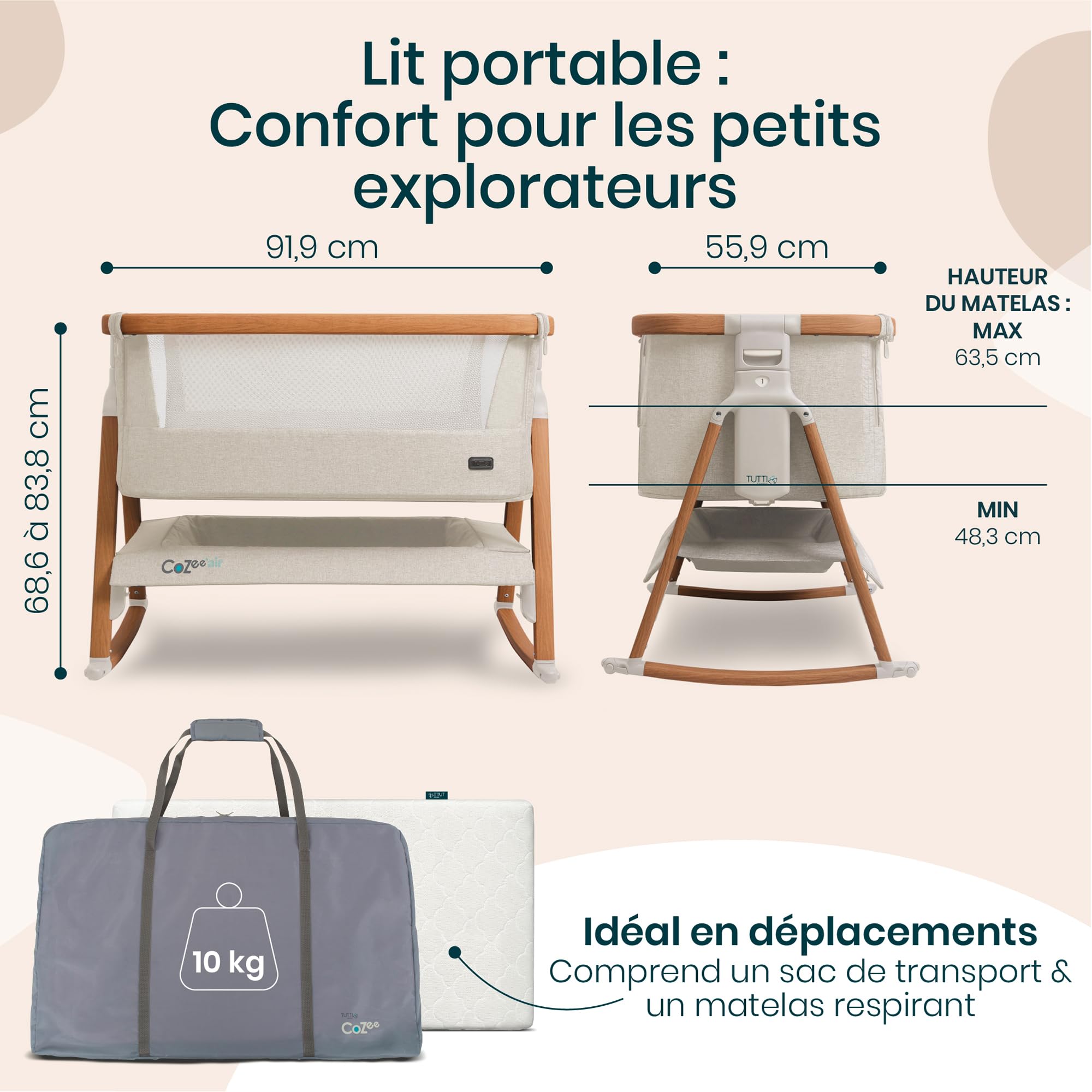 Tutti Bambini CoZee® Air Berceau Bébé & Lit Cododo - Lit Bébé Pliable avec Sac de Transport - Matelas Deluxe Respirant & 6 Hauteurs Réglables - 0-6 Mois (Noyer & Écru)